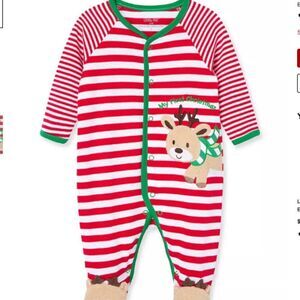 Little Me Red and White stripe Reindeer snap-front footie 1st Christmas NWT 6 m.